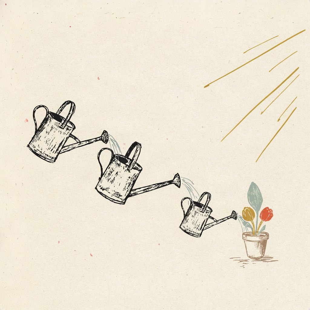 Three small watering cans in a row, each pouring into the next, growing one tiny plant that has a leaf, a bud, and a flower for faith, hope and love.