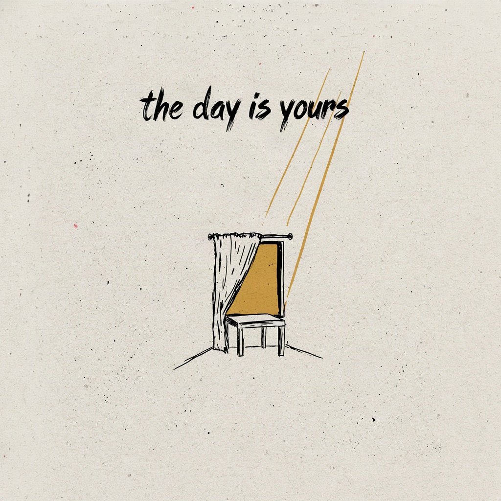 A heavy curtain of nighttime darkness being pulled back from a window by a single bright sunbeam, revealing a plain room inside, with the words “the day is yours” lettered by hand.