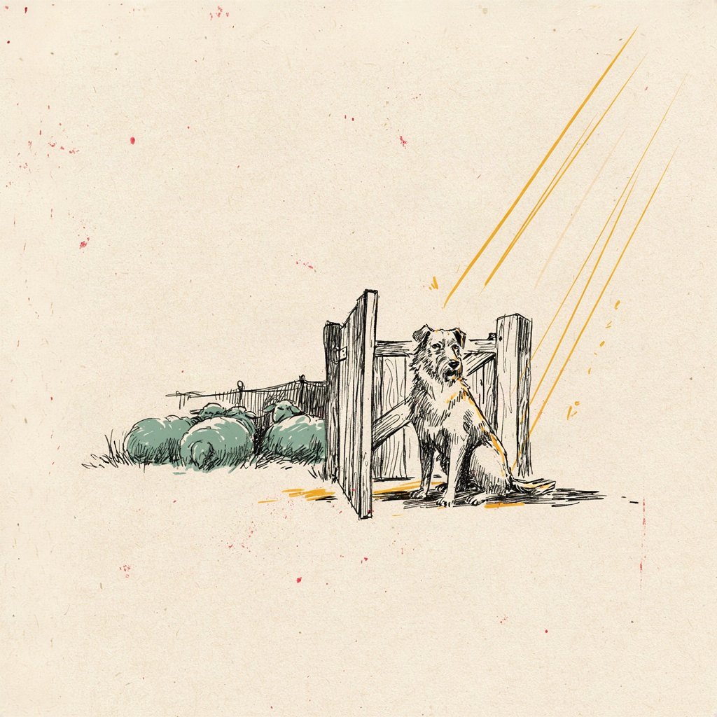 A small sheepdog standing watchfully at the gate of a sleeping fold, keeping guard so the sheep inside can rest.