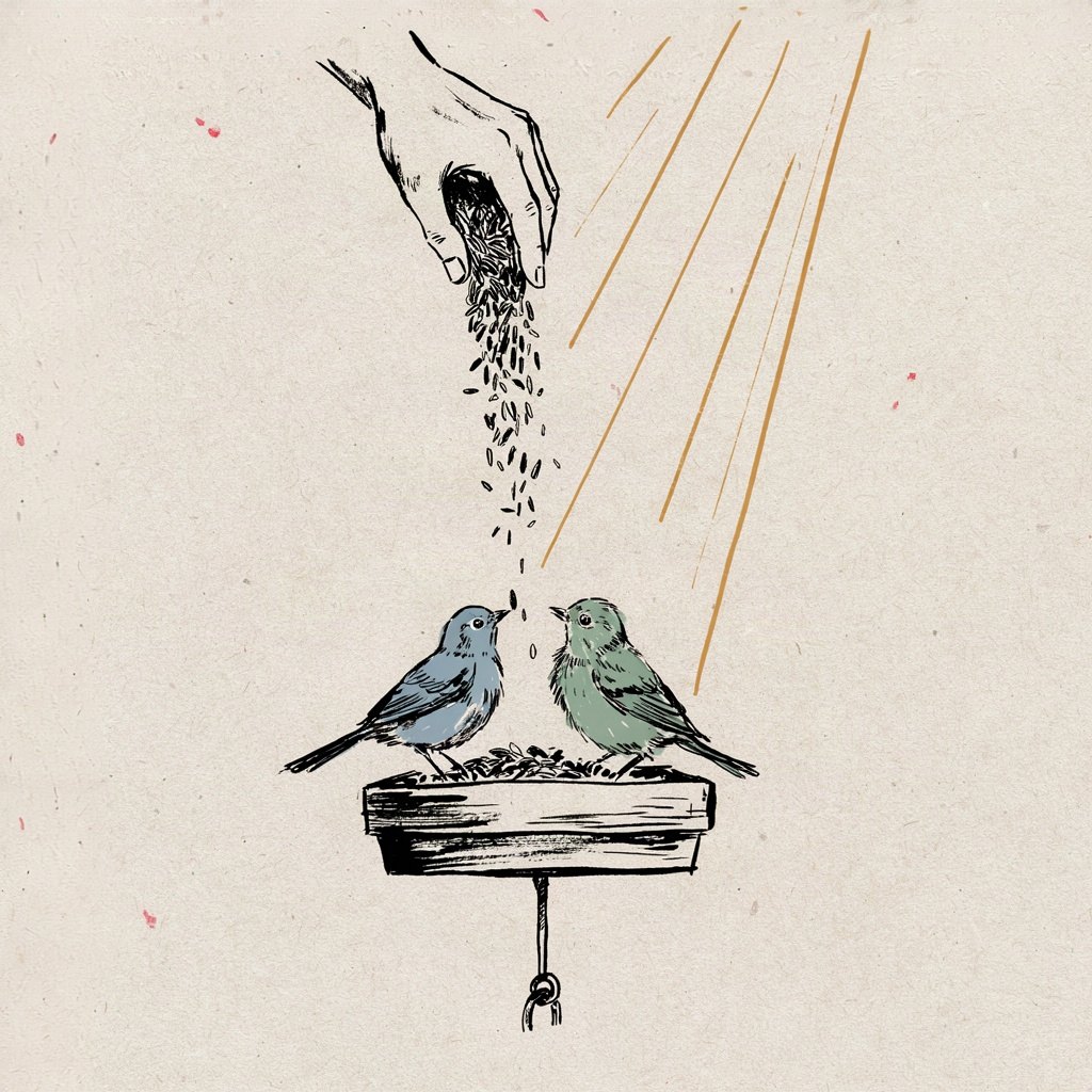 One hand feeds a bird at a feeder while an identical hand feeds a second bird that keeps pecking at the first bird's seed too, showing love poured out equally to friend and rival alike.