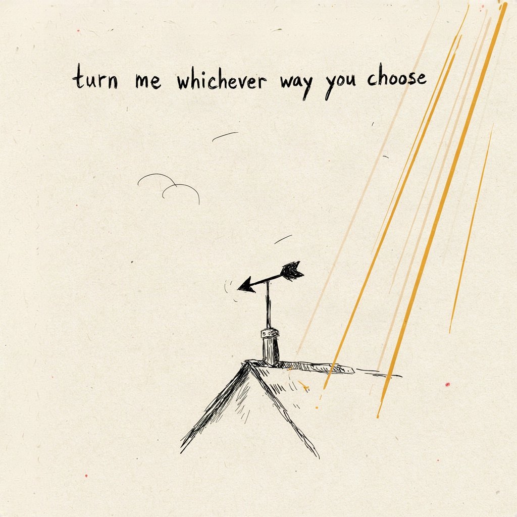 A weathervane shaped like an arrow sits loose on its pin atop a small roof, free to turn any direction the wind chooses, content either way, with the words “turn me whichever way you choose” lettered by hand.