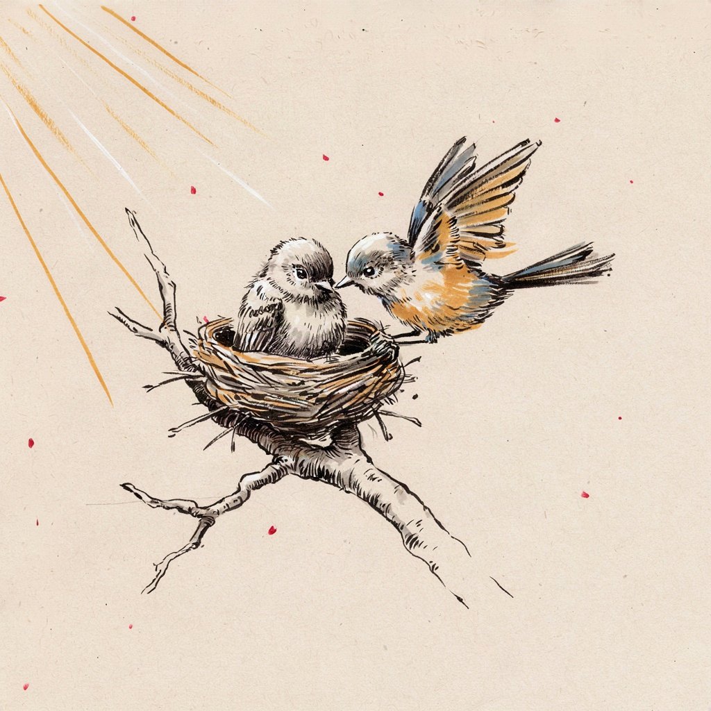 An empty bird's nest on a branch with a second bird landing to tuck itself in right beside the first, wing settling alongside wing as if coming to sit close.