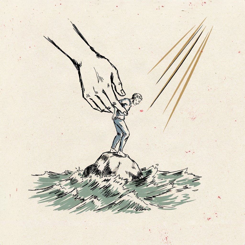 A tiny wobbling figure stands on a rock in choppy water, while a large unseen hand reaches down from outside the frame to grip it steady under the arm.