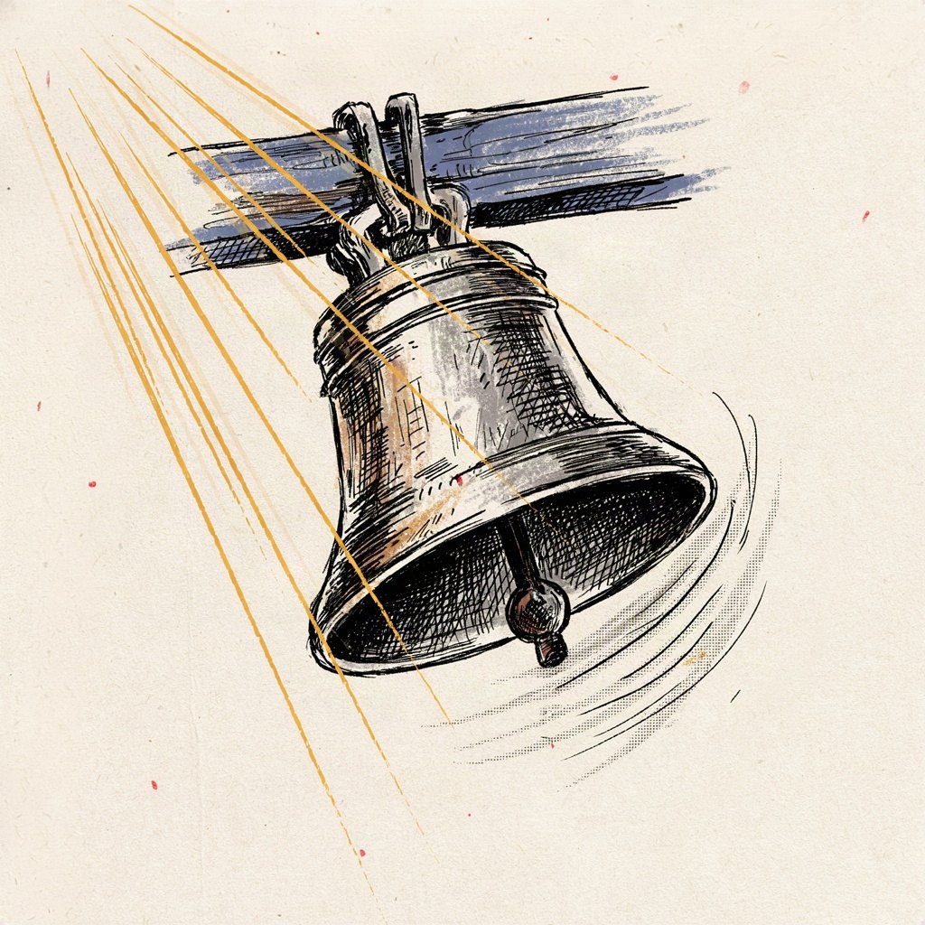An old iron bell hanging outdoors at dawn, caught mid-swing with sound lines radiating out, calling the day awake.