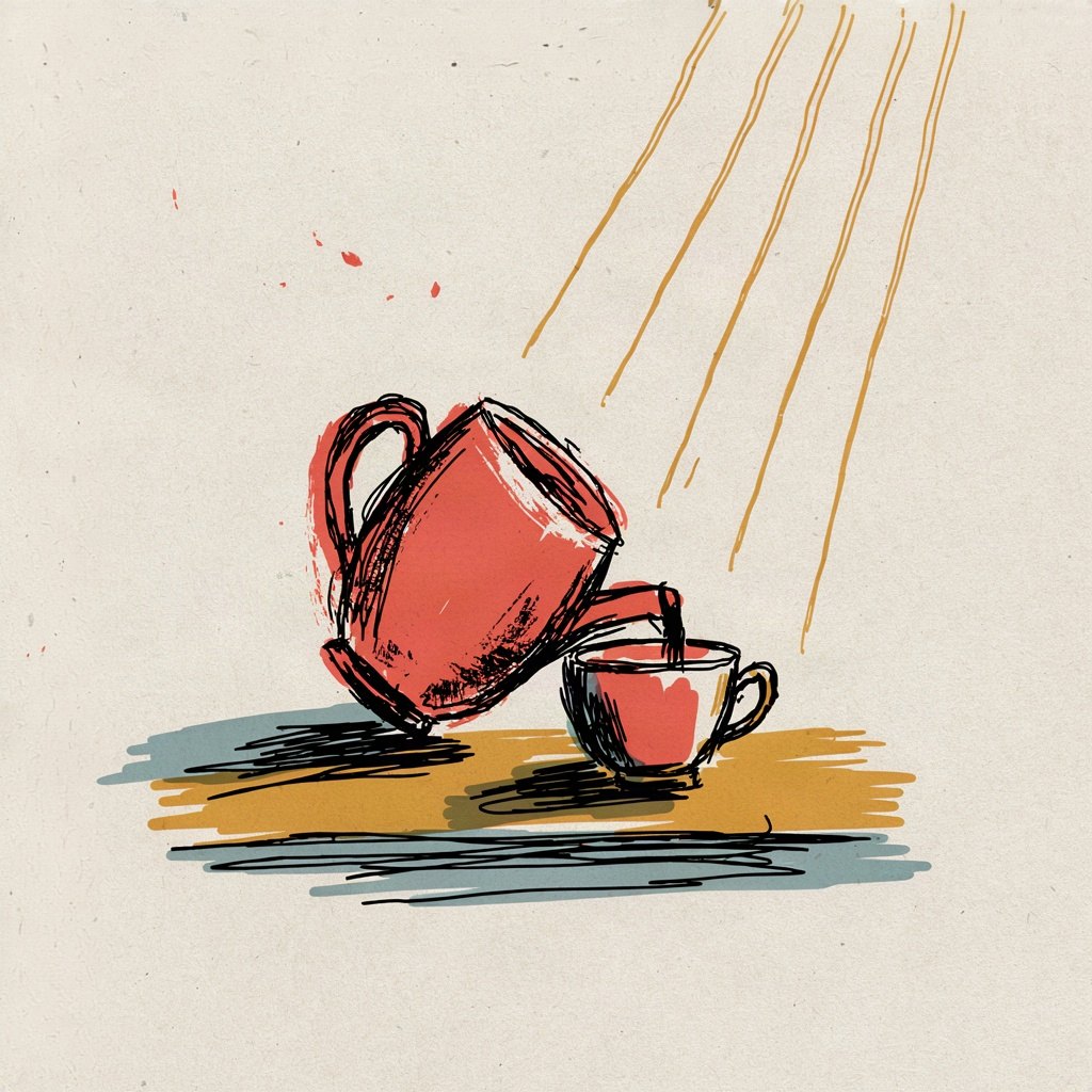 A cup overflowing on a table, its spill directed into a second empty cup beside it instead of pooling away.