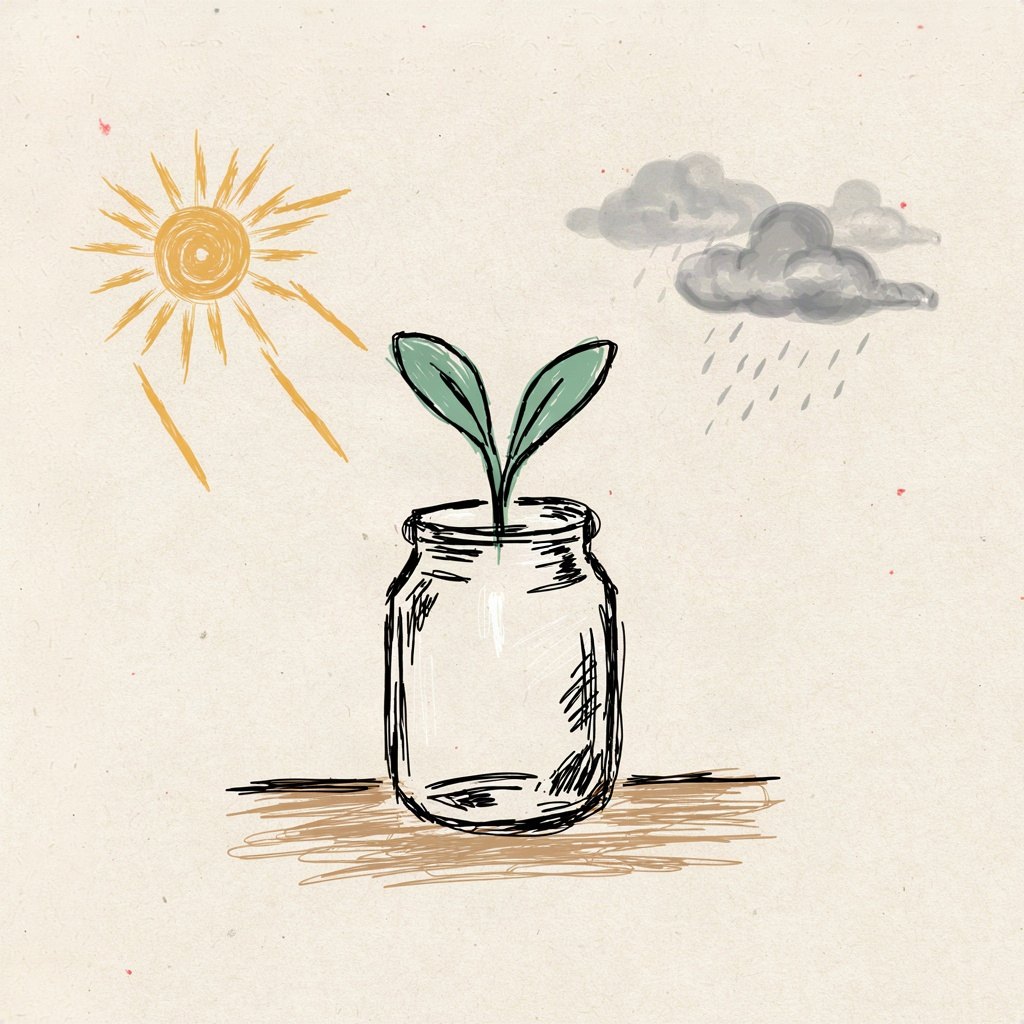 A small seedling growing steadily inside a glass jar, weather drawn on both sides of the glass — bright sun on one half, rain clouds on the other — yet the plant inside stays the same cheerful green throughout, showing steady joy regardless of circumstance.