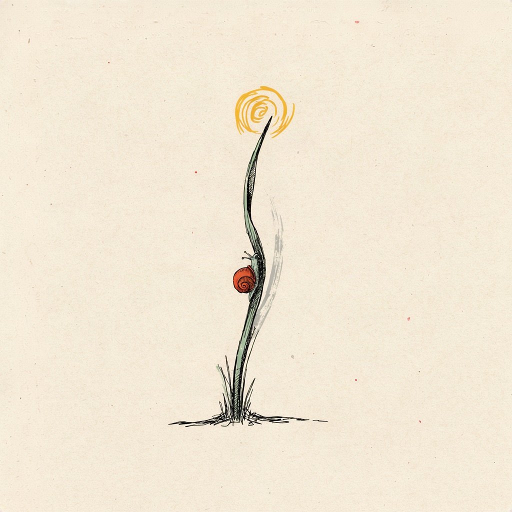 A snail inches up a tall stalk, leaving a faint silver trail behind it, with a tiny sun waiting patiently at the very top for its slow arrival.