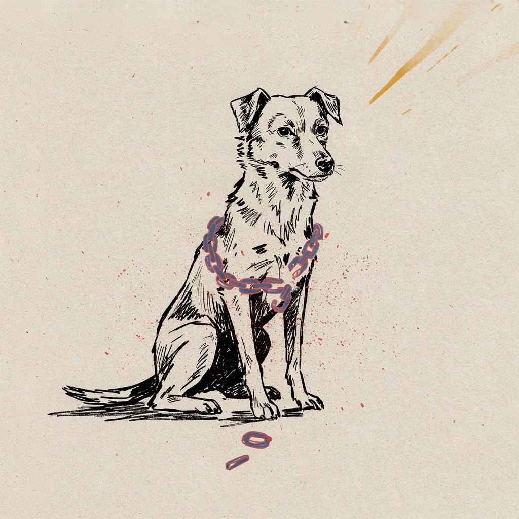 A small animal sits bound by a single loose loop of rope around its middle, and one link of the chain has just sprung open on its own, falling away to the ground.