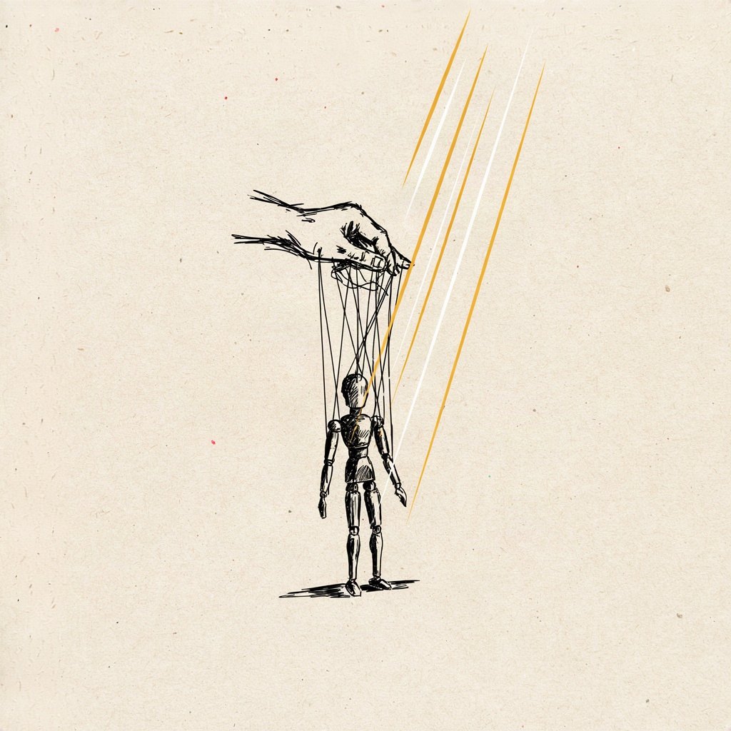 A small wooden puppet with its own loose strings tangled, while a steady unseen hand from above gently takes hold of the strings to guide it.