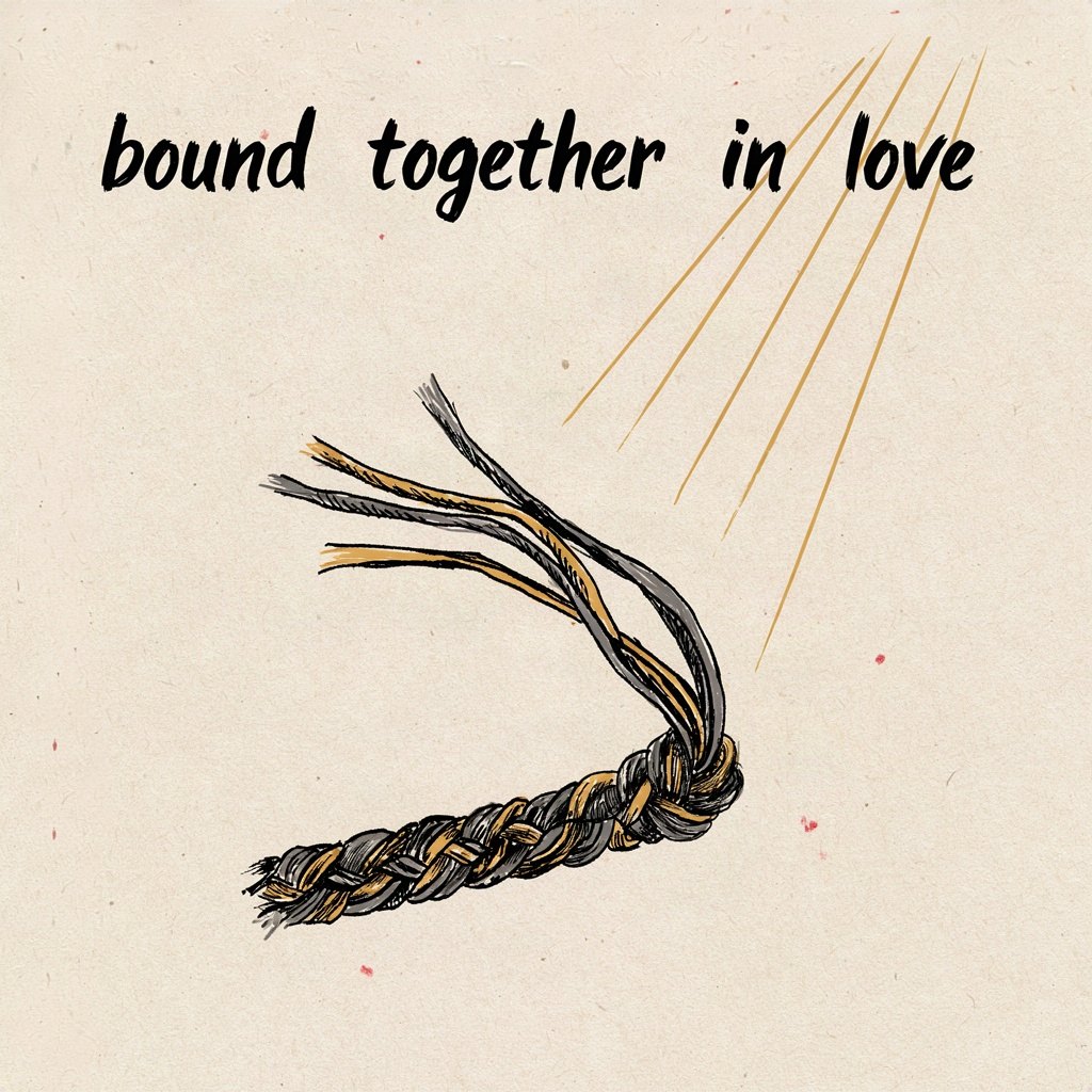 Two separate strands of thread, one dark and one golden, being woven together by hand into a single stronger cord, with the words “bound together in love” lettered by hand.