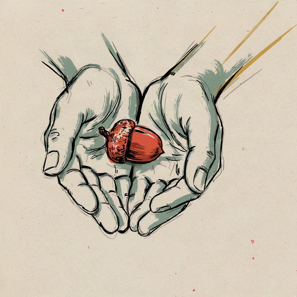 A small acorn cupped safely inside two open hands, nothing able to fall through or be taken away.
