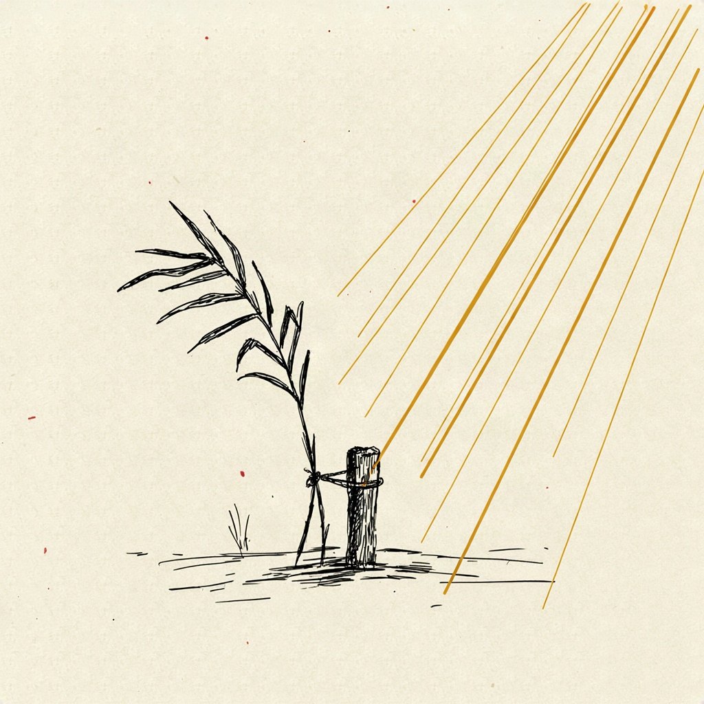 A small reed bent nearly flat by wind is held upright by a simple wooden stake tied loosely beside it, showing a weak thing kept standing by something steadier than itself.