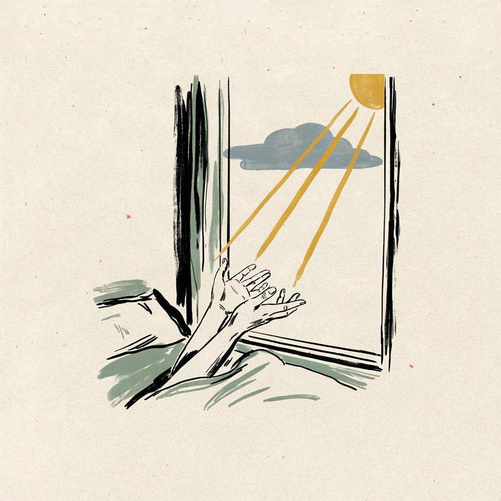 A heavy grey cloud sits low between a sleeping window and the sun, with two small hands reaching up through the gap toward the light, straining but not yet touching it.