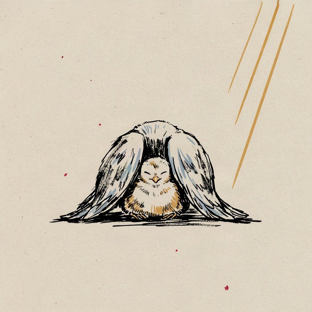 A small chick nestled with closed eyes under the shadow of a hen's wing, unable to see her but held completely still and safe.