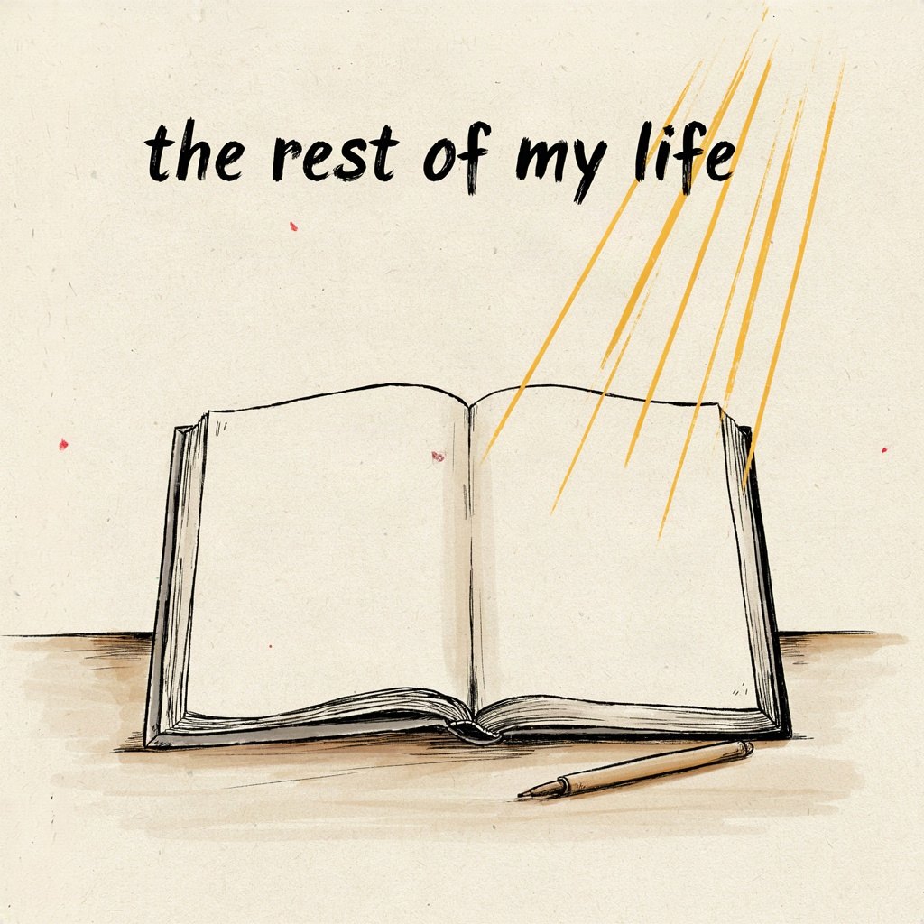 A blank ledger book lies open on a plain desk, its empty page catching a single beam of light while a pen rests nearby, ready to write a whole life over to someone else, with the words “the rest of my life” lettered by hand.
