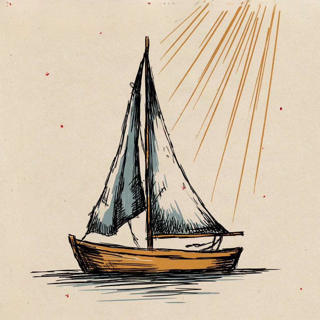 A small sailboat with its sail slack, waiting for wind to fill it and carry it forward.