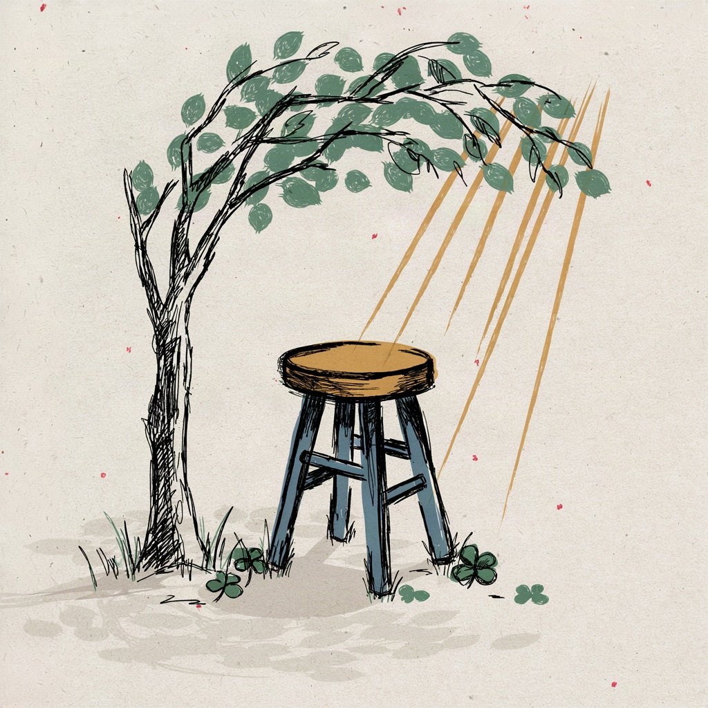 A low garden stool sitting contentedly in the shade of a tall tree, instead of trying to grow as tall as the tree itself.