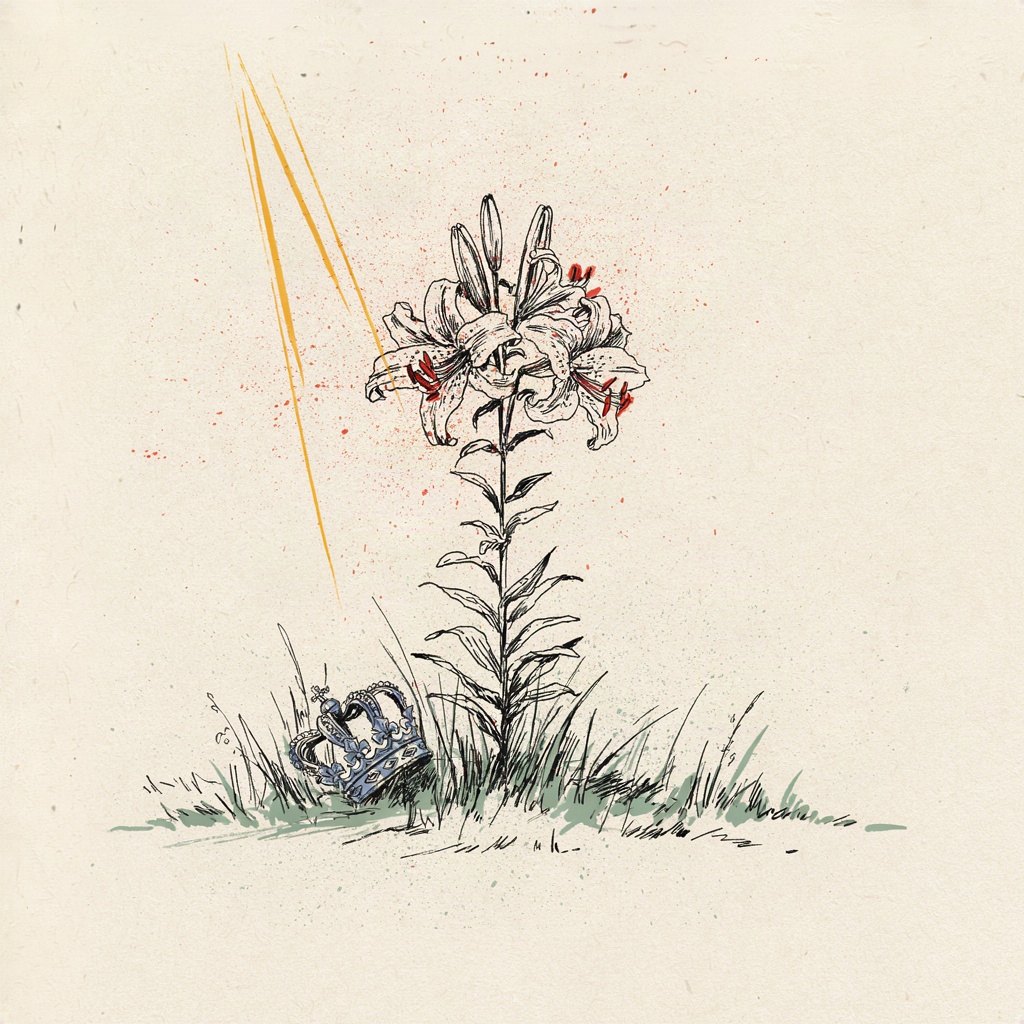 A single lily growing in a meadow, drawn larger than the tiny royal crown lying forgotten in the grass beside it, showing simple beauty that outshines glory.