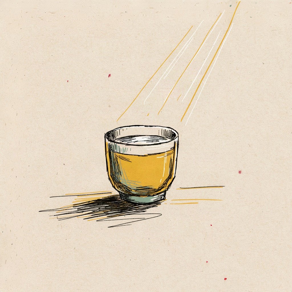A single small cup sits alone on an empty table, filled completely to its brim with plain water and nothing else around it, showing that one thing is already enough.