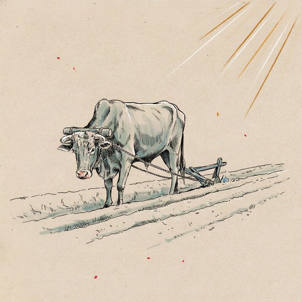 An old ox stands hitched to a plow at first light, head bowed and patient, having pulled the same furrow every day of its long life without complaint.