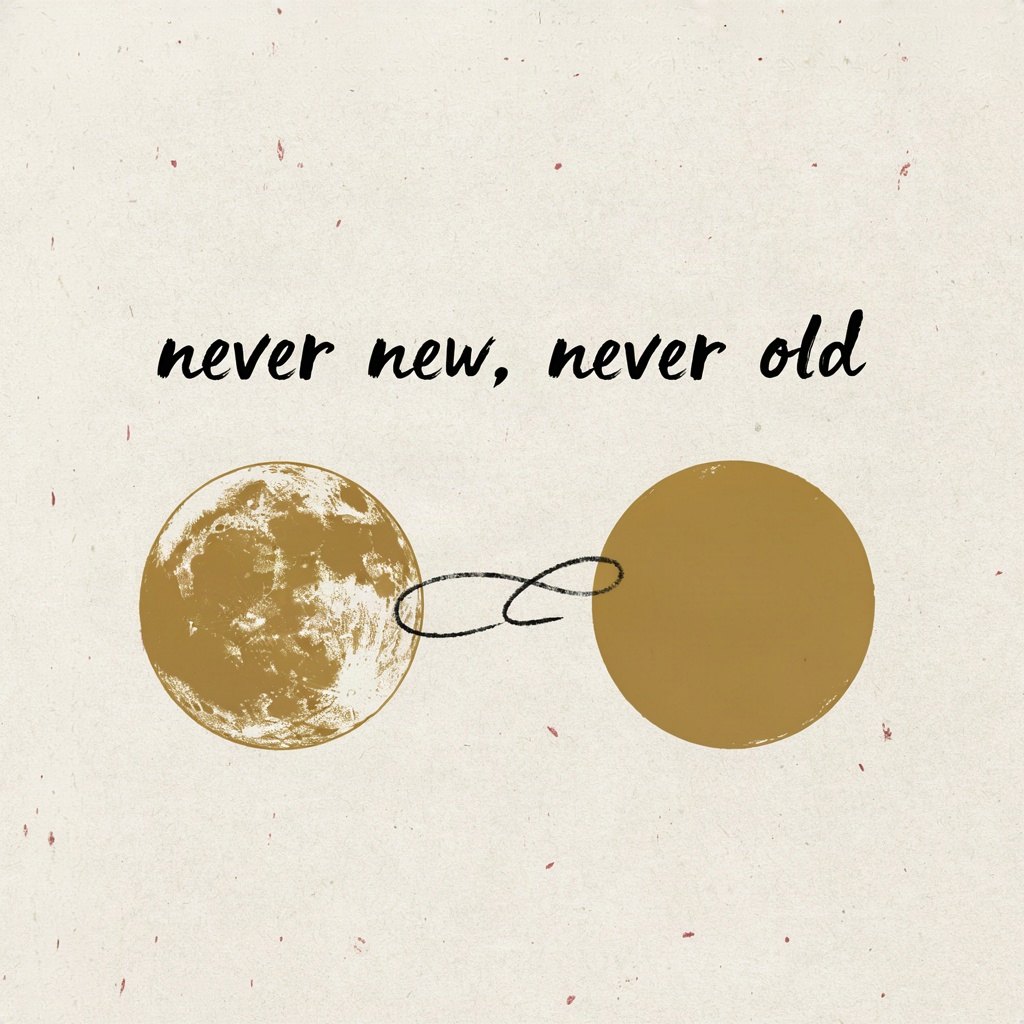 An old moon and a new moon drawn side by side as the same circle, showing the paradox of never old and never new, yet always renewing, with the words “never new, never old” lettered by hand.