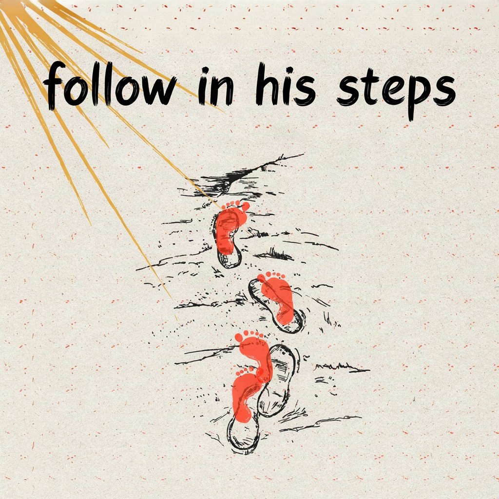 A pair of ordinary footprints walks across a plain path, and each print is filled in with a brighter, cleaner footprint overlapping it slightly off-centre, as if one set is retracing the other, with the words “follow in his steps” lettered by hand.