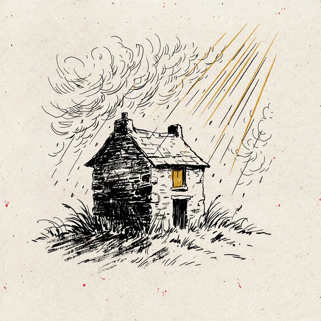 A sturdy stone cottage weathering a storm outside while its windows glow warm and steady, the wind bending nearby grass flat but the house unmoved.