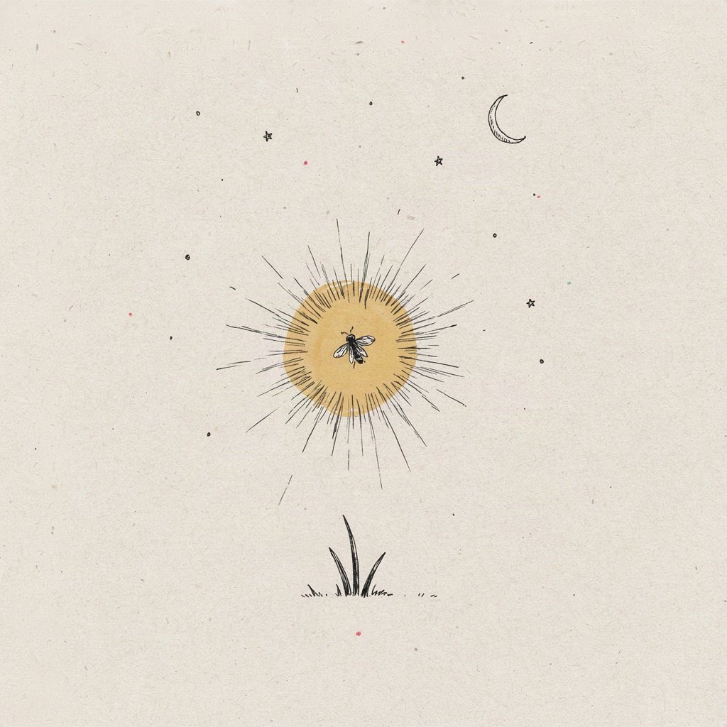 A single firefly glowing bright in a dark garden at night, its small light drawn large enough to outshine the whole dark page around it.