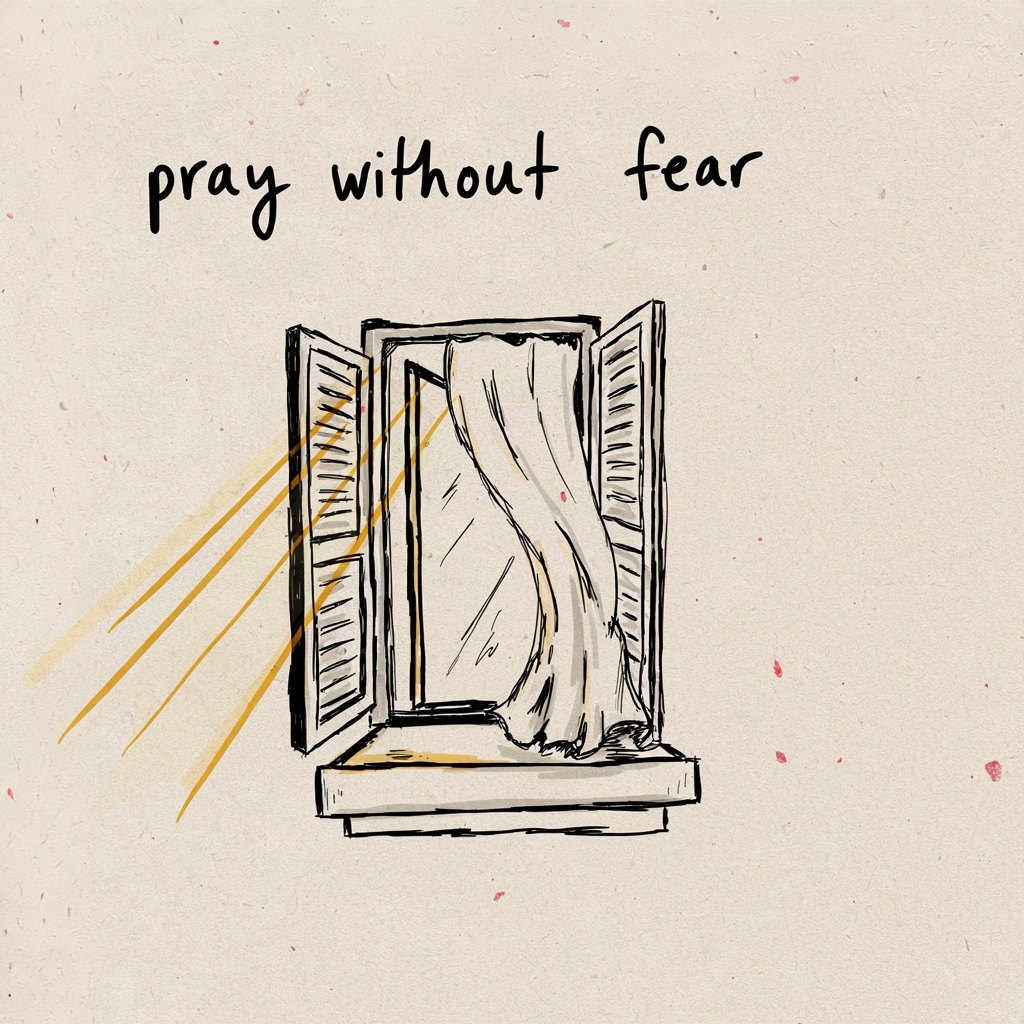 A small window left open with morning light pouring in and a curtain lifting freely, showing a heart unlatched and unafraid to let something in, with the words “pray without fear” lettered by hand.