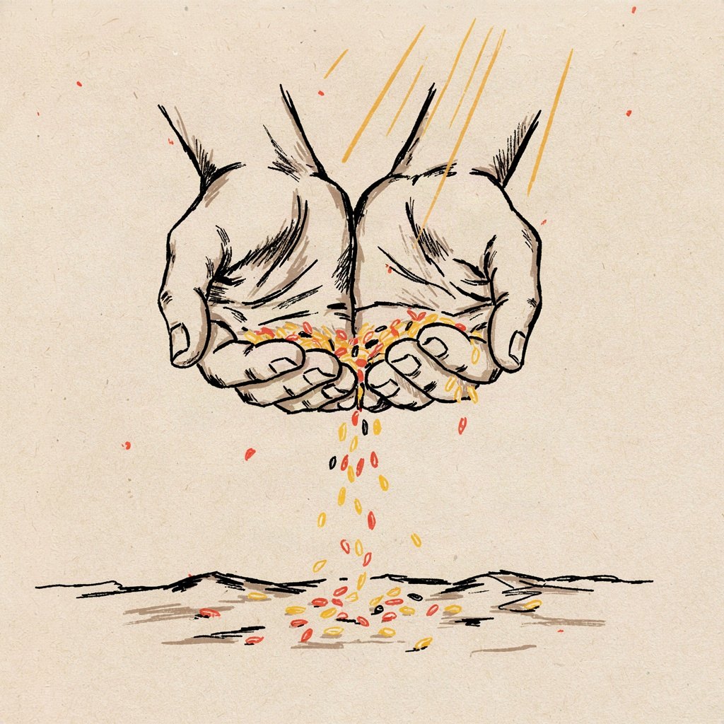 A small pair of hands cupped together and overflowing gently with seeds, some falling outward onto open ground, showing readiness to give freely wherever there's room to do good.