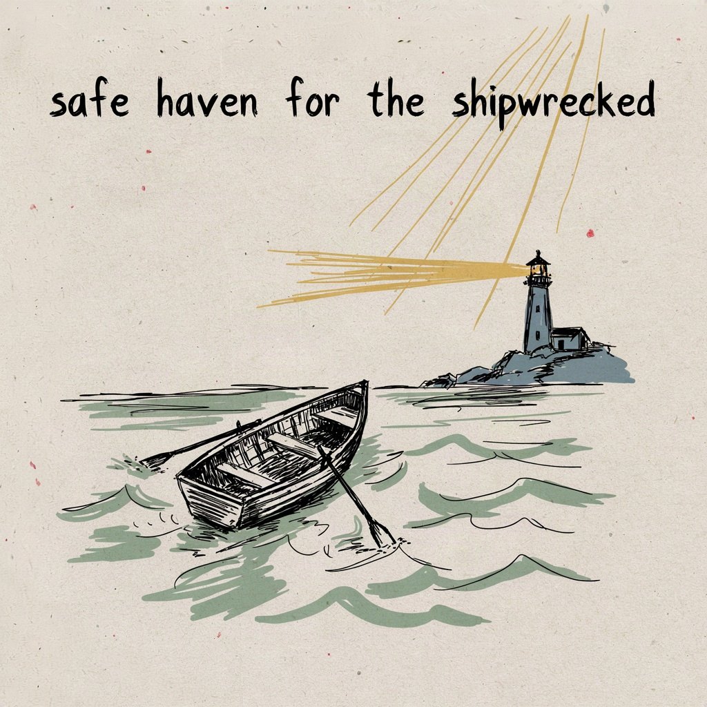 A small rowboat tossed on simple wavy lines, reaching toward a single lit lighthouse on a distant shore, with the words “safe haven for the shipwrecked” lettered by hand.