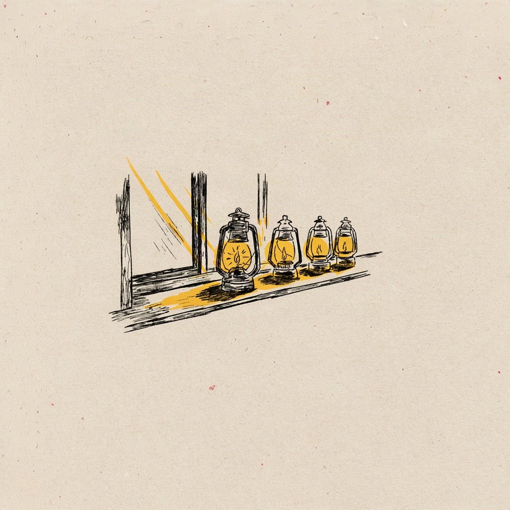 A single small lantern standing on a windowsill, its flame drawn as a tiny borrowed sun, casting light out across the sill onto a row of smaller unlit lanterns that are just beginning to catch its glow.