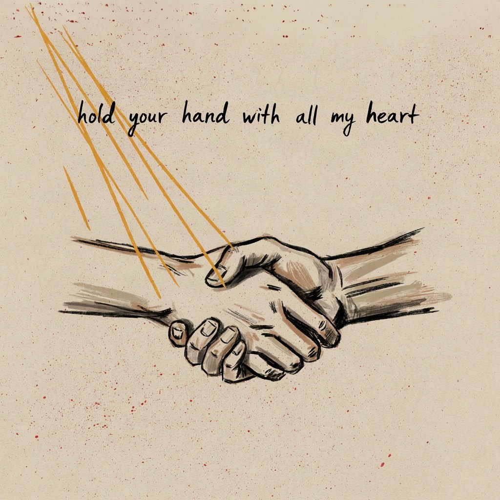 Two small hands clasped firmly together in the middle of the paper, one slightly larger steadying the other, with nothing else around them, with the words “hold your hand with all my heart” lettered by hand.