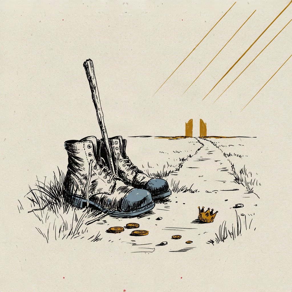A small weary traveller's boot and walking stick left by a well-worn path, glimmering coins and a tiny crown scattered in the ditch beside it, ignored, while the path itself leads straight toward a bright distant gate.