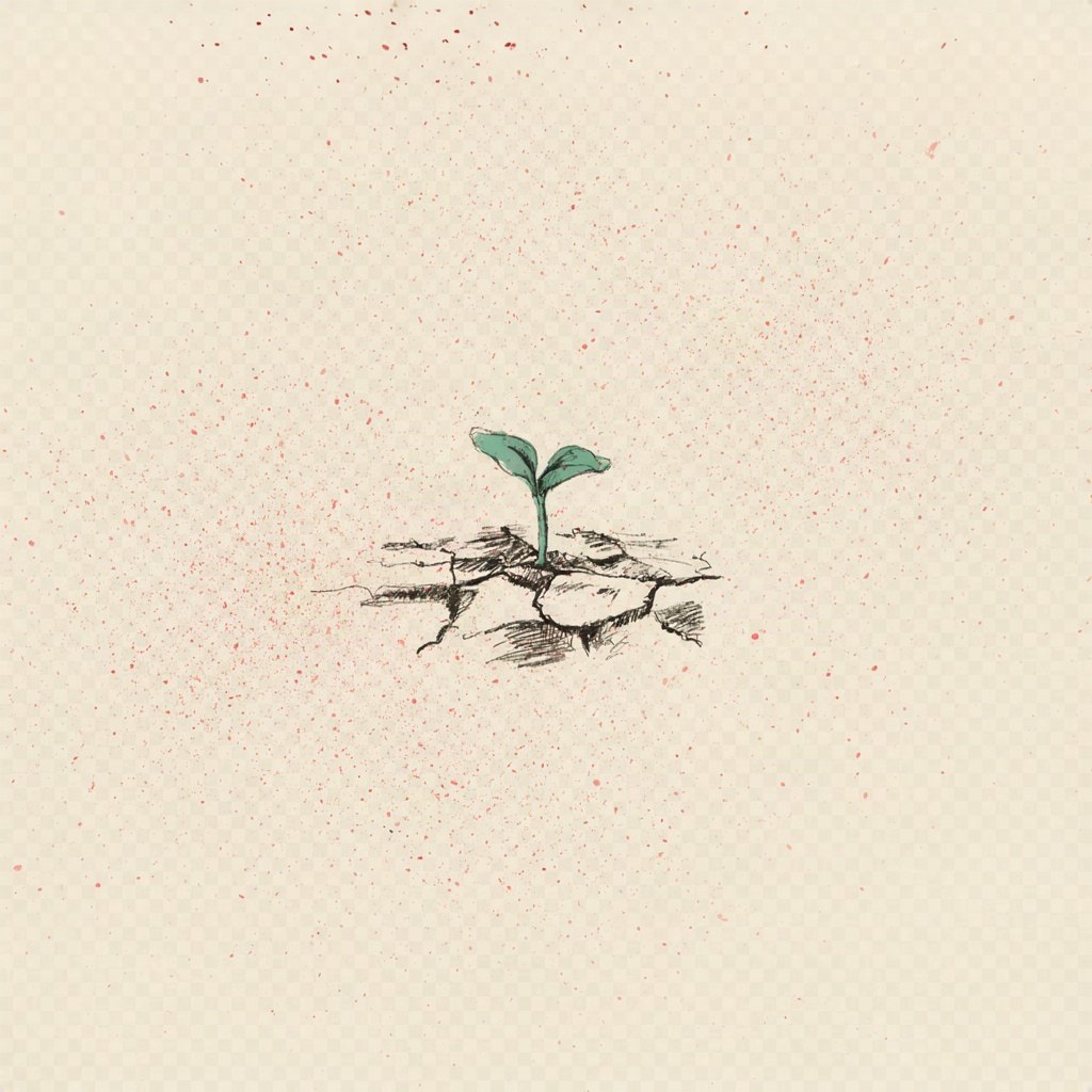 A small seedling pushing up through cracked dry ground, its two leaves unfolding patiently toward the light, showing hope growing through patience and experience.