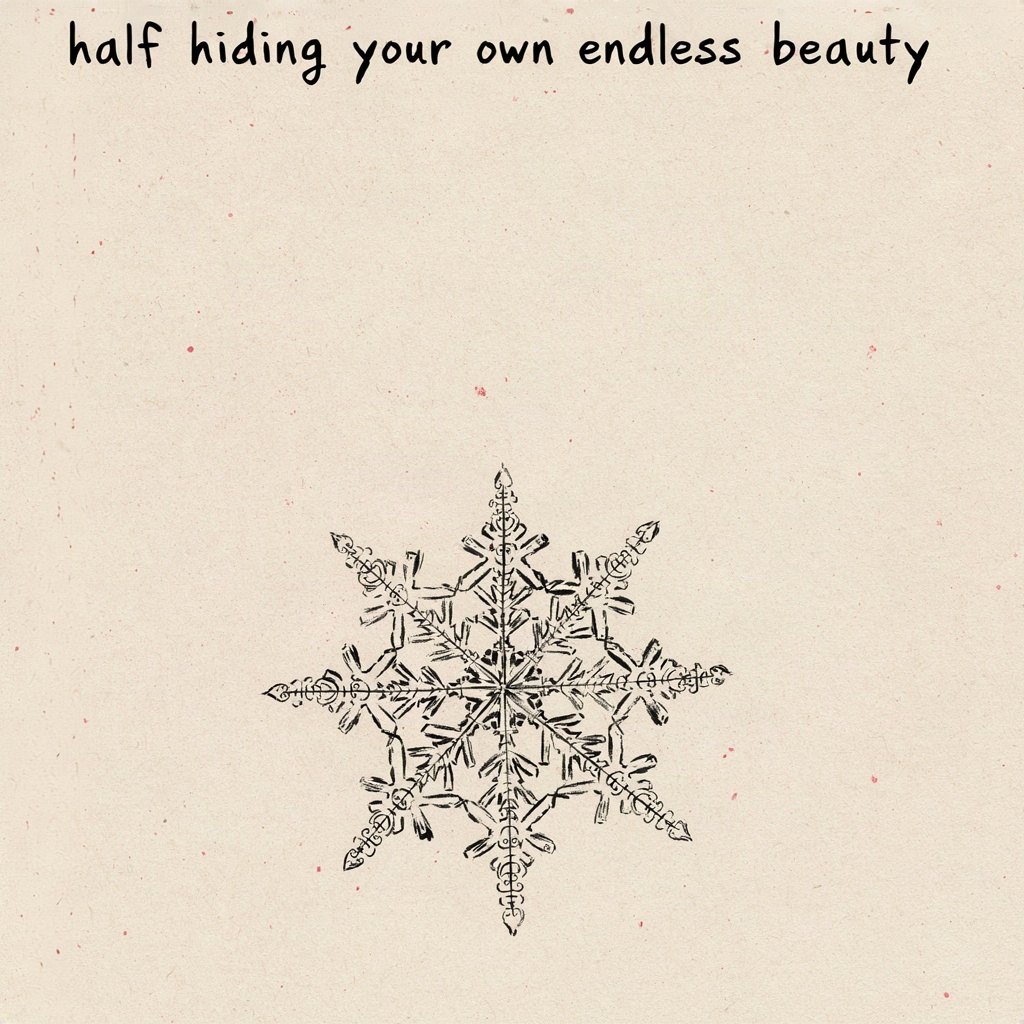 A single snowflake rendered in fine lace-like detail, drawn as though it is actually the embroidered hem of a vast robe trailing off the edge of the paper, with the words “half hiding your own endless beauty” lettered by hand.