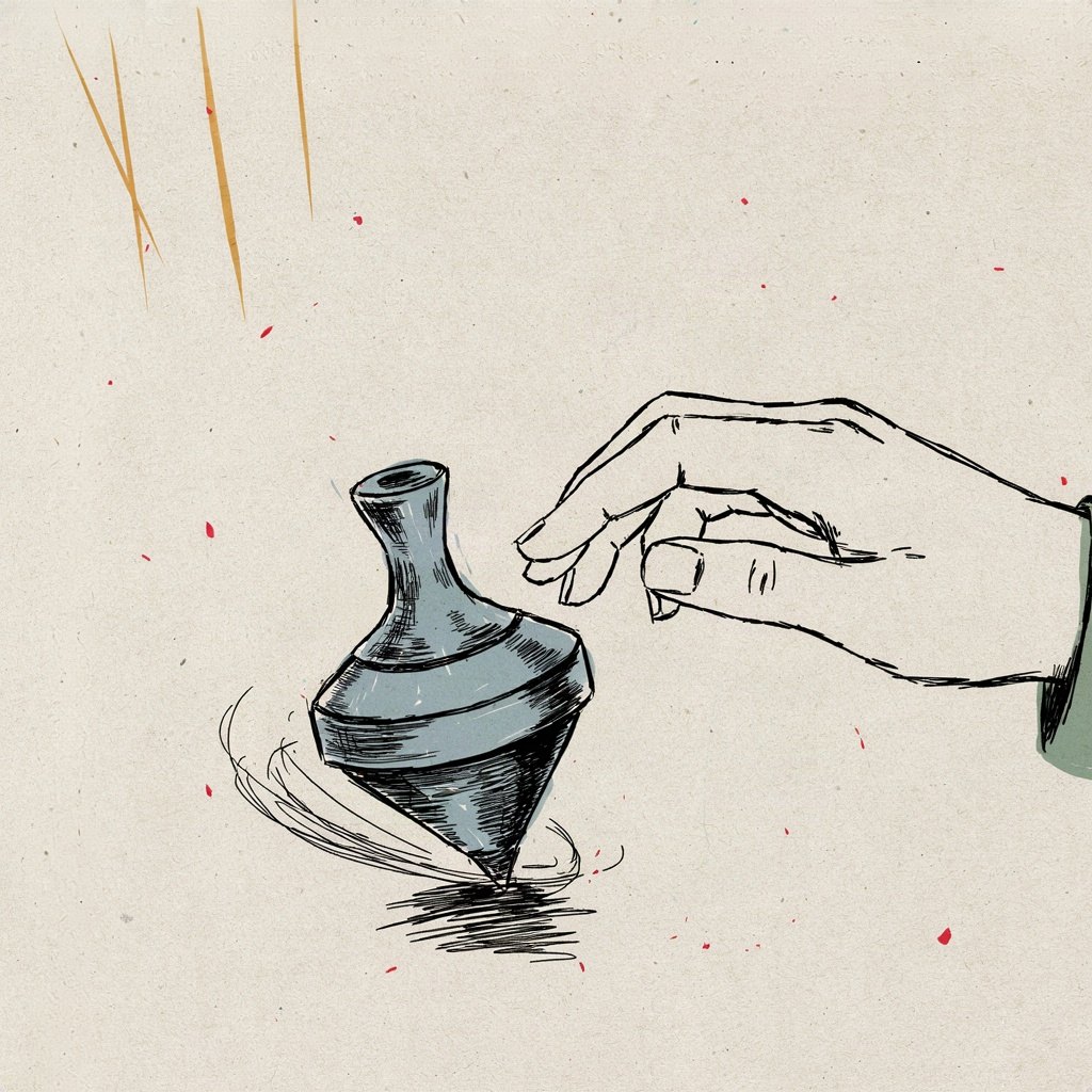 A spinning top stands perfectly upright and steady even as a child's hand nudges it off-balance, showing calm held through disturbance.