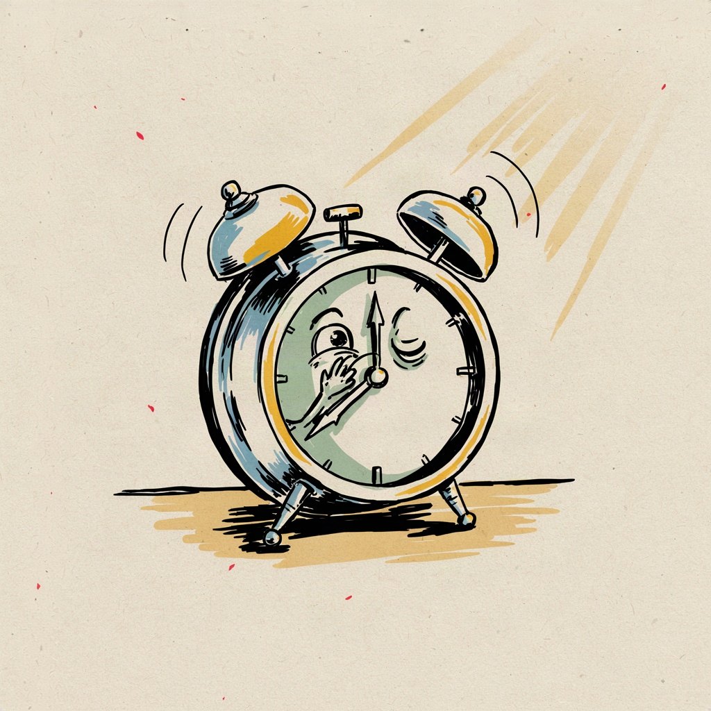 A sleeping alarm clock on a nightstand with its own bell drawn wide open mid-ring, the hands of the clock just beginning to stretch and wake themselves up.