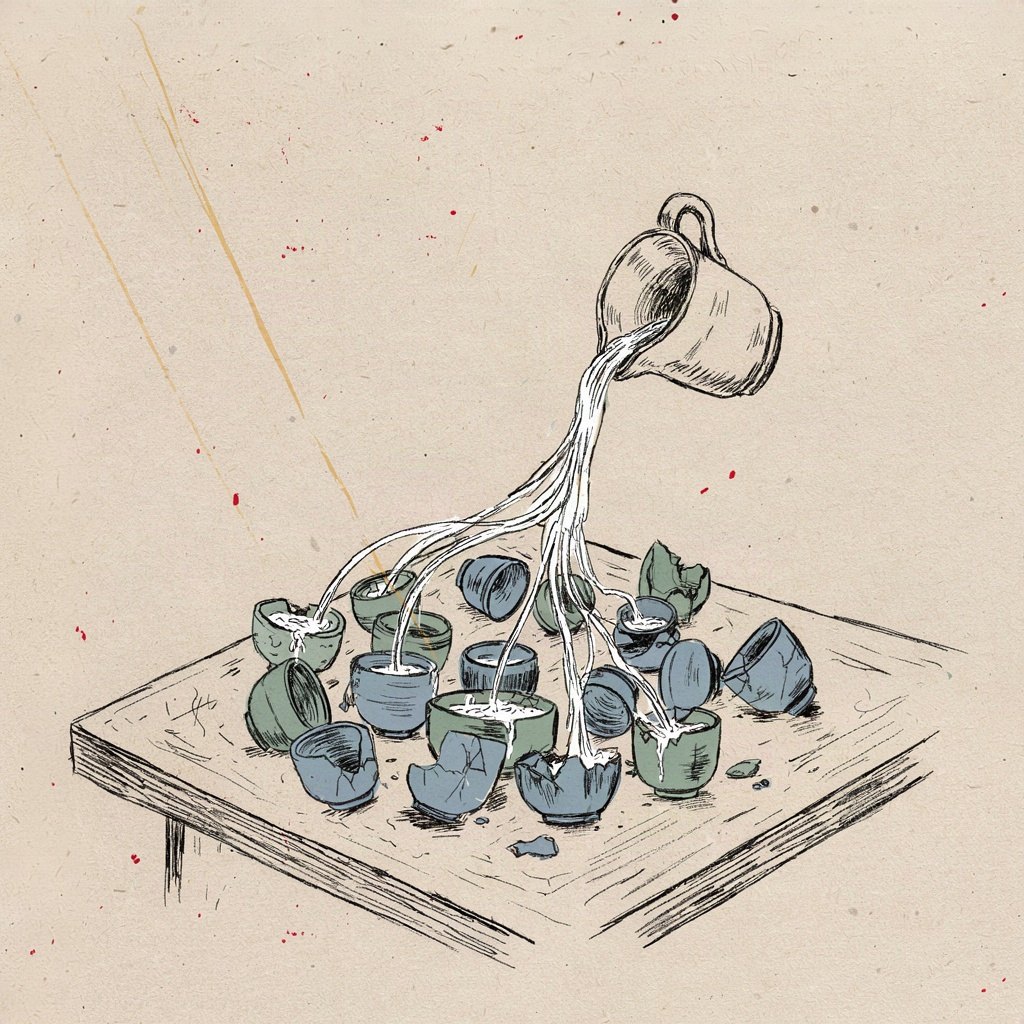 Many small broken cups of different shapes stand scattered on a plain table, each cracked in a different place, while a single pitcher pours one continuous stream of water filling every one of them at once.