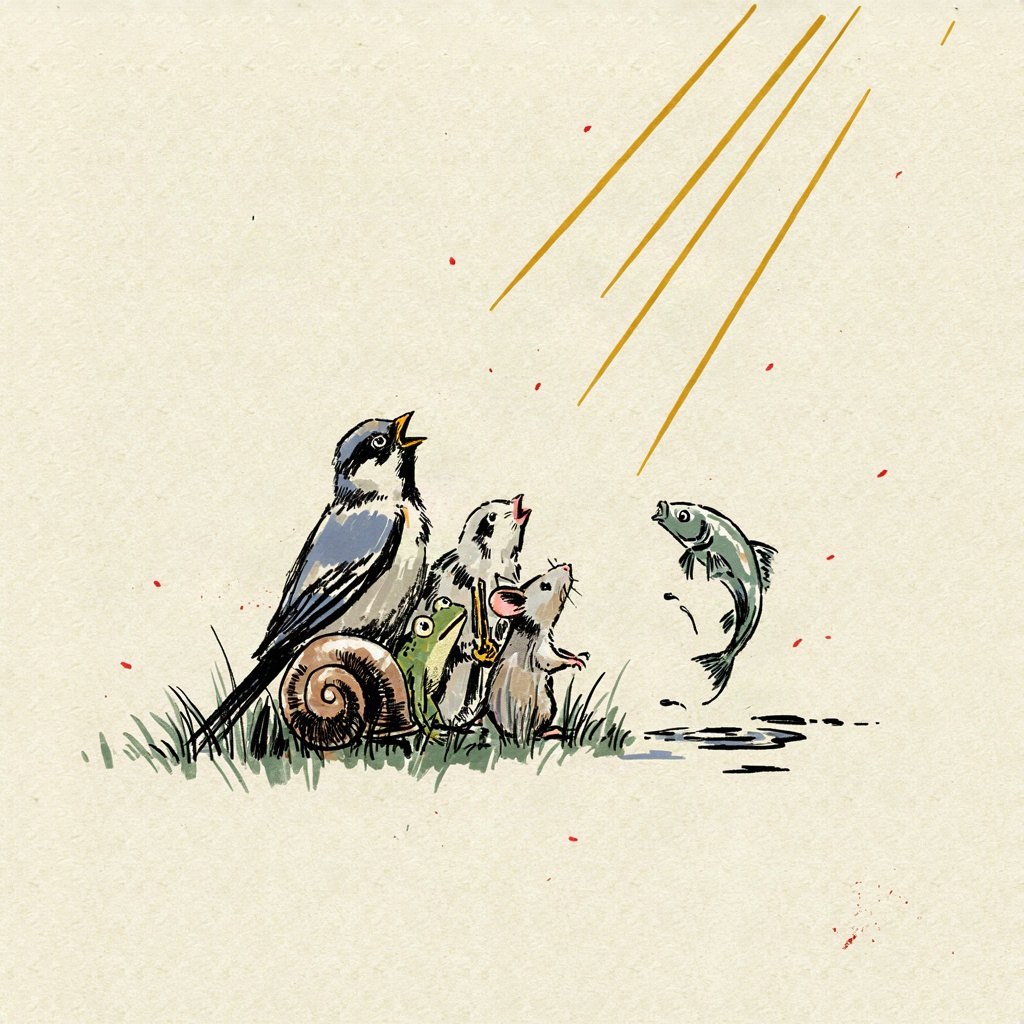 Every creature under heaven joined in one chorus: a cluster of different small animals and birds all together, heads tilted up, mouths open in song toward the sky.