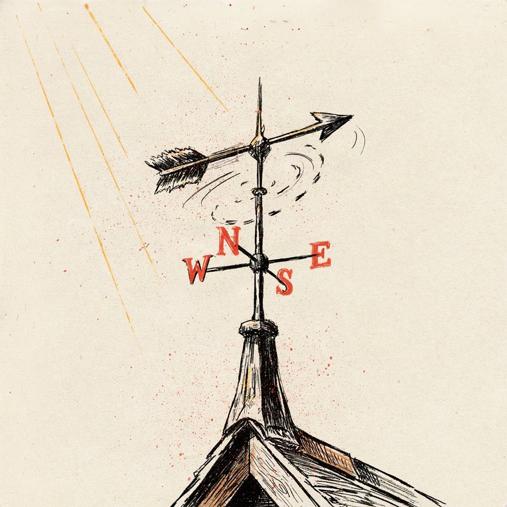 A small weathervane on a rooftop, spinning to catch every shifting wind, but its base bolted firm and unmoving to the roof beam.