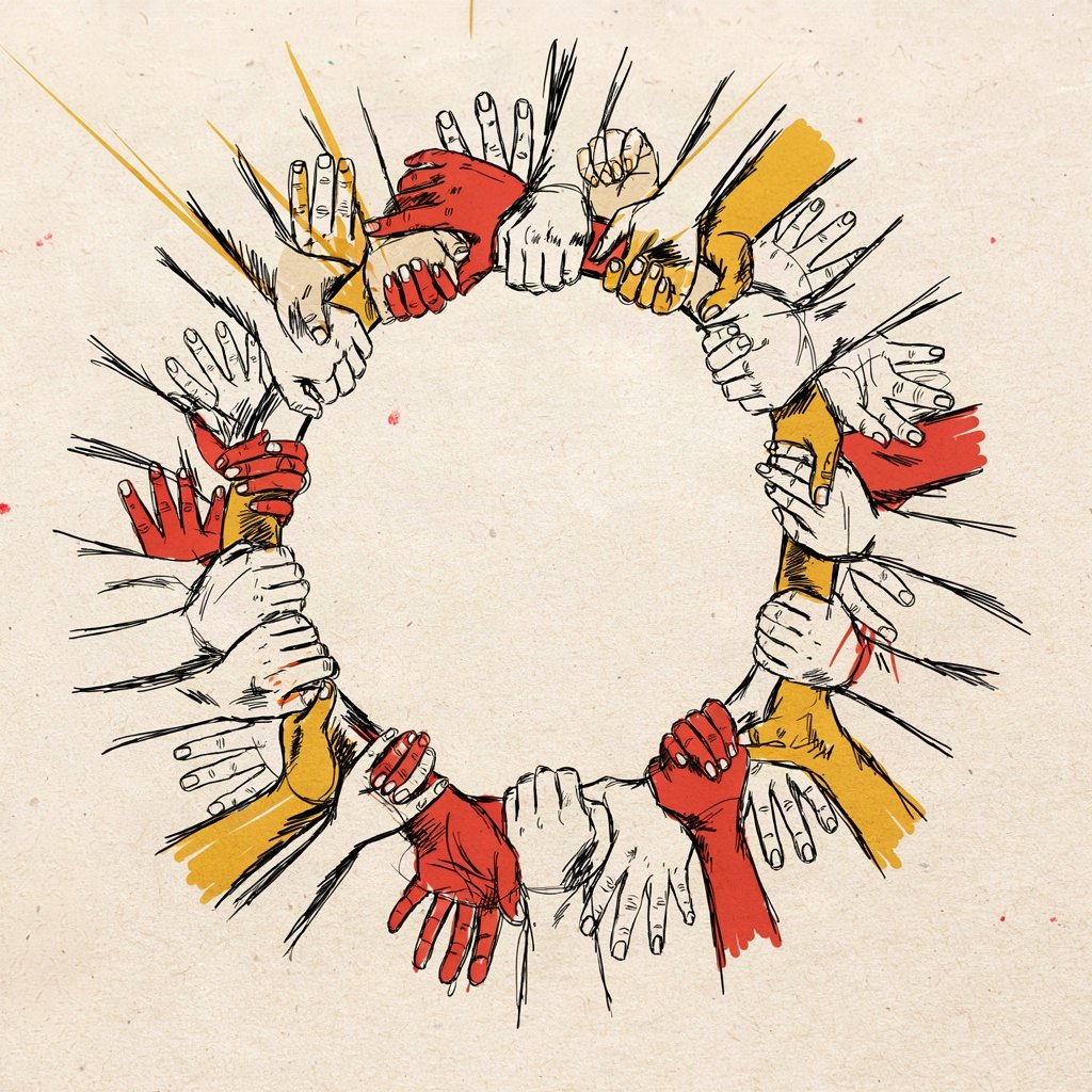 Many different hands of all shapes and skin tones meet in the middle of the page to shake or clasp together in a simple circle, like family greeting one another at the day's start.