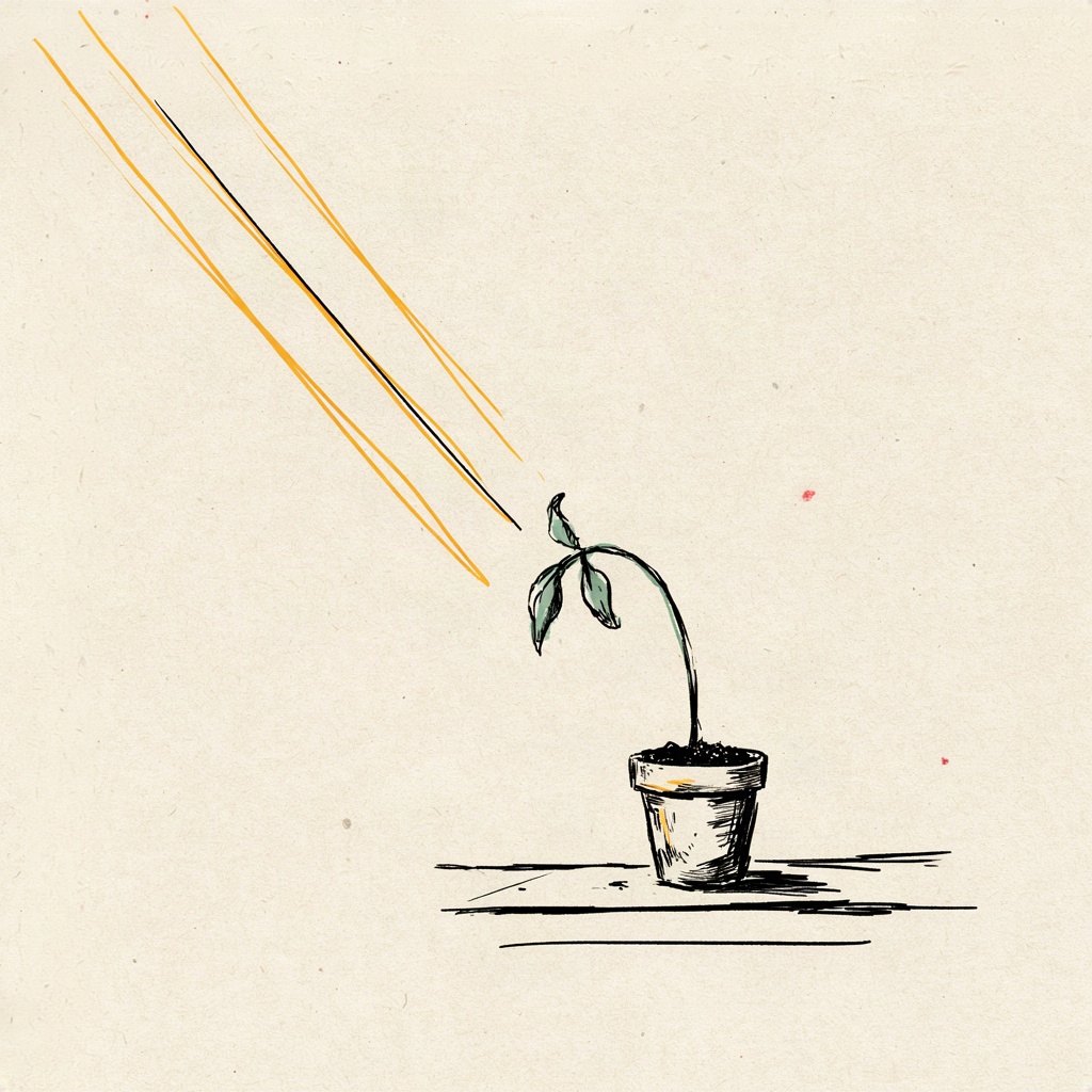 A small plant leaning hard toward a sunbeam, its stem bent nearly flat but still inching upward each day, a tiny new leaf just unfurling at the top.