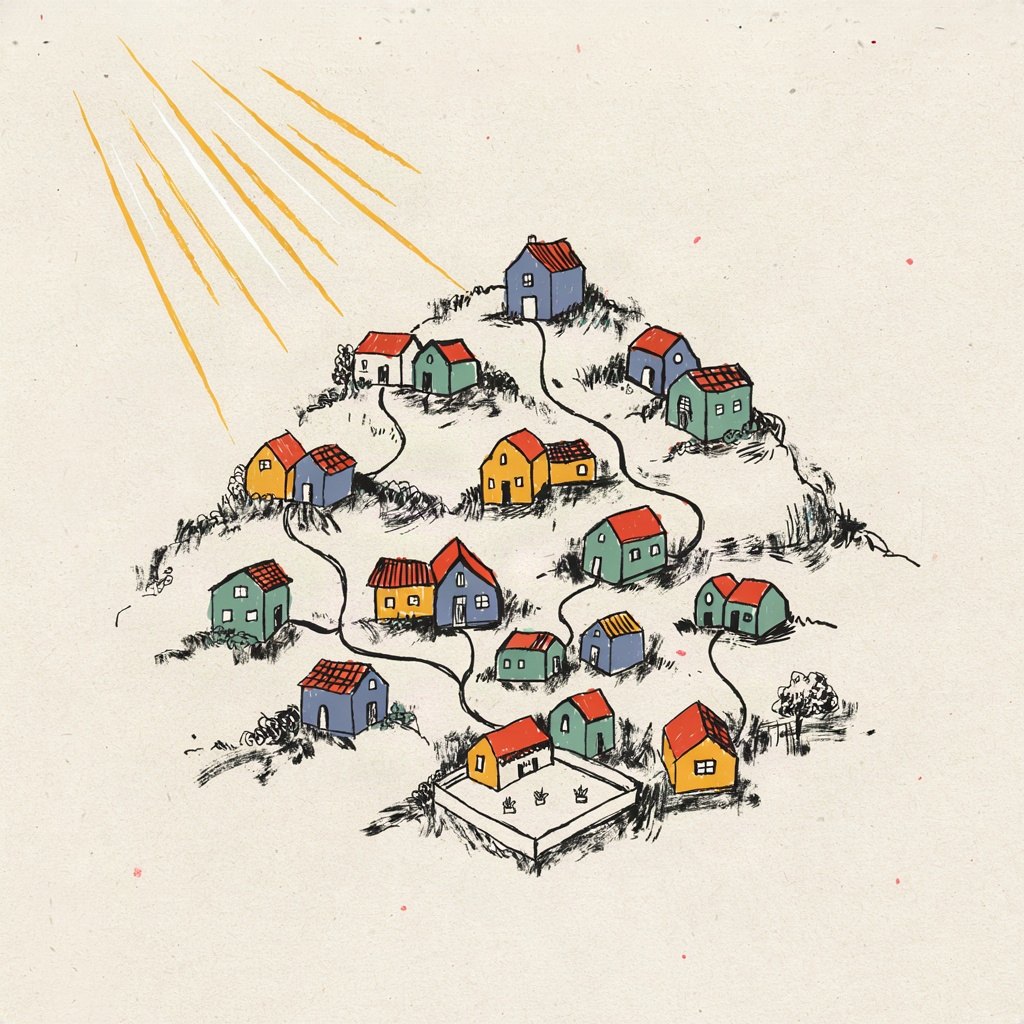 Many small houses on one hillside, each with a different roof colour and shape, joined by a single garden path that threads from every doorway into one shared courtyard in the middle.