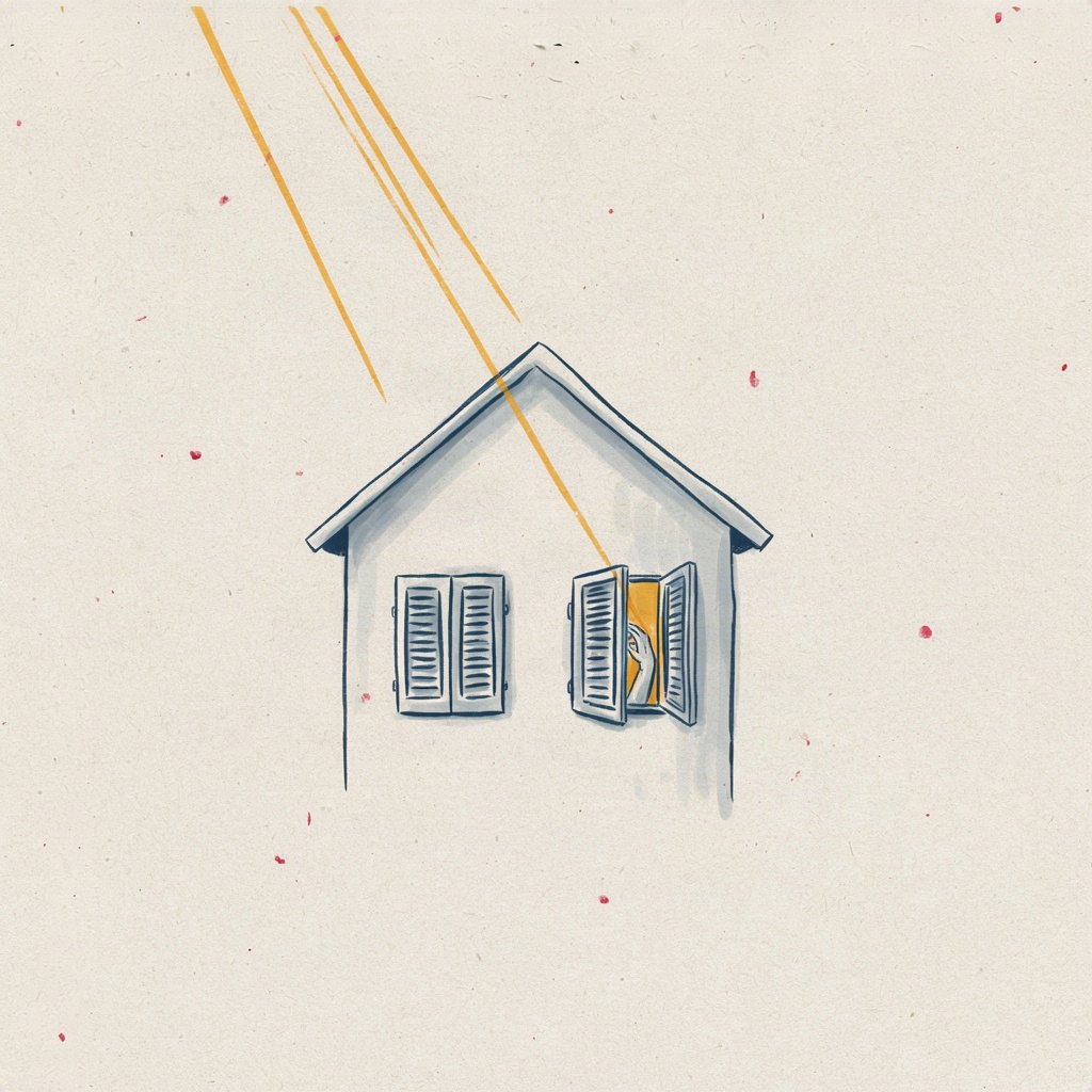 A pair of shuttered window eyes on a small house are being gently unlatched from inside by a tiny hand, morning light just beginning to show through the crack.