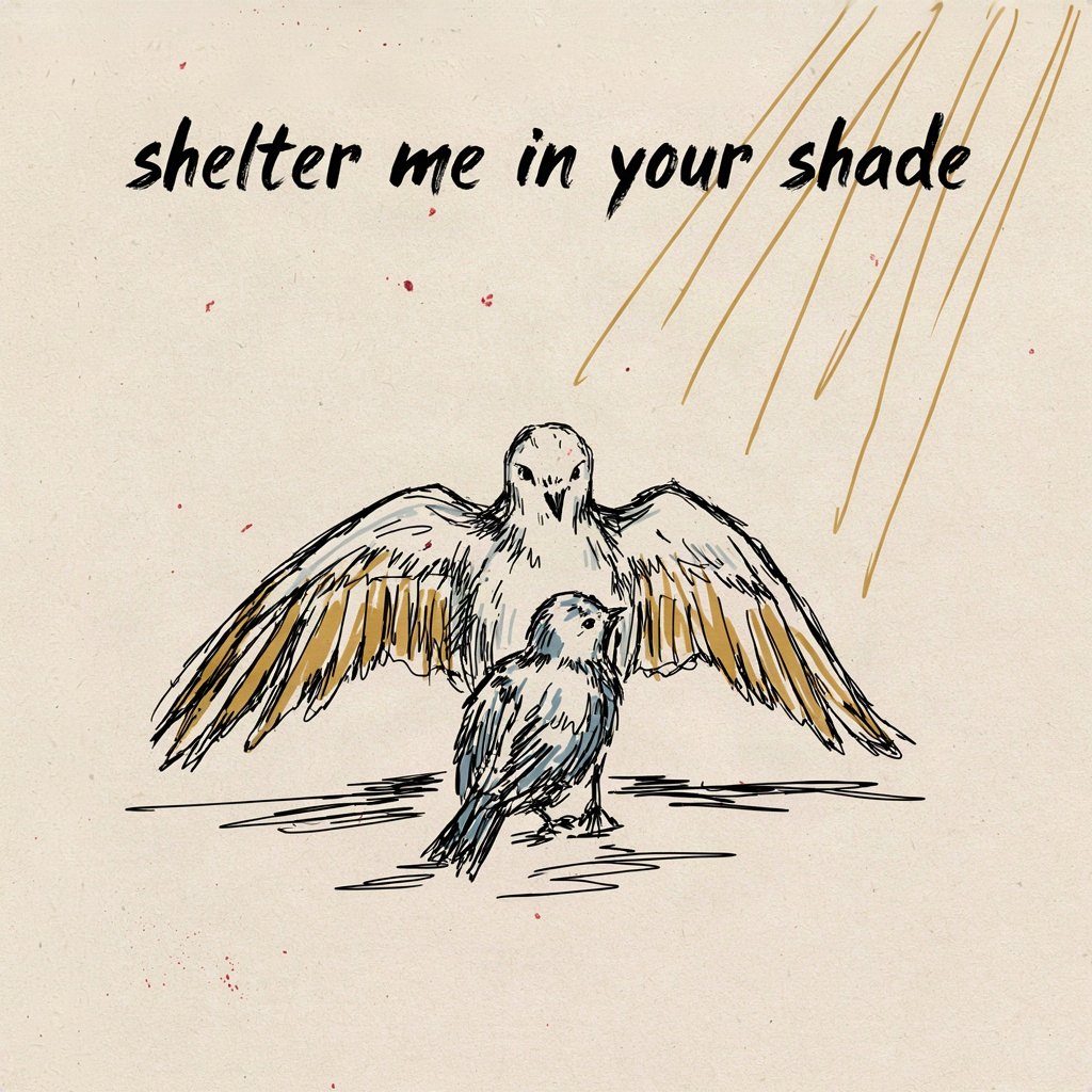 A small bird sheltering fully under the wide spread of a parent bird's wing, soft midday shade falling over it, with the words “shelter me in your shade” lettered by hand.
