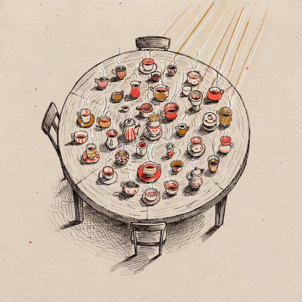 A big round table set with many different mismatched teacups, each one filled and steaming, as if everyone dear has been given their own cup.