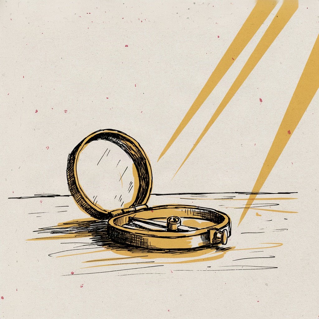 A compass with no needle sits open on a table at dawn, and instead a single beam of sunlight through the window falls across it pointing the way forward.