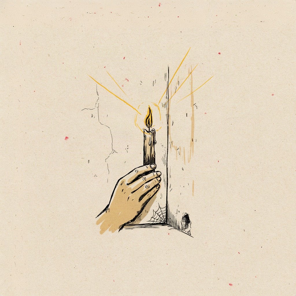 A single lit candle is held close to a plain wall, its flame illuminating cracks and cobwebbed corners that were invisible in the dark, searching them out one by one.