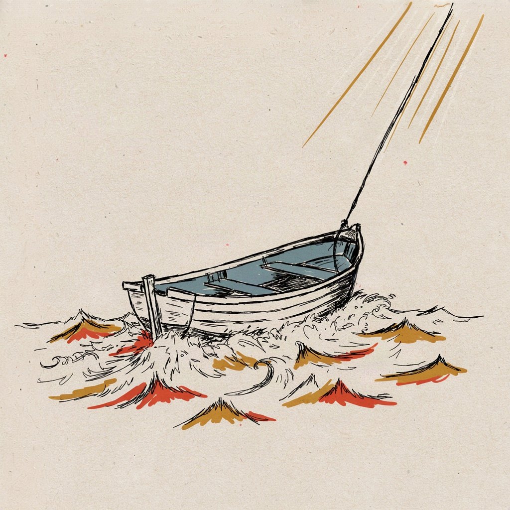 A small rowboat is tossed by choppy dark waves crowding in from every side, while a single sturdy rope leads up and out of the frame to an unseen anchor point, taut and holding firm.